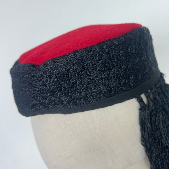 TASSEL FRINGE 1950’s Wool Soutache Embroidered Red and Black Women's Pillbox Hat - Picture 13 of 17